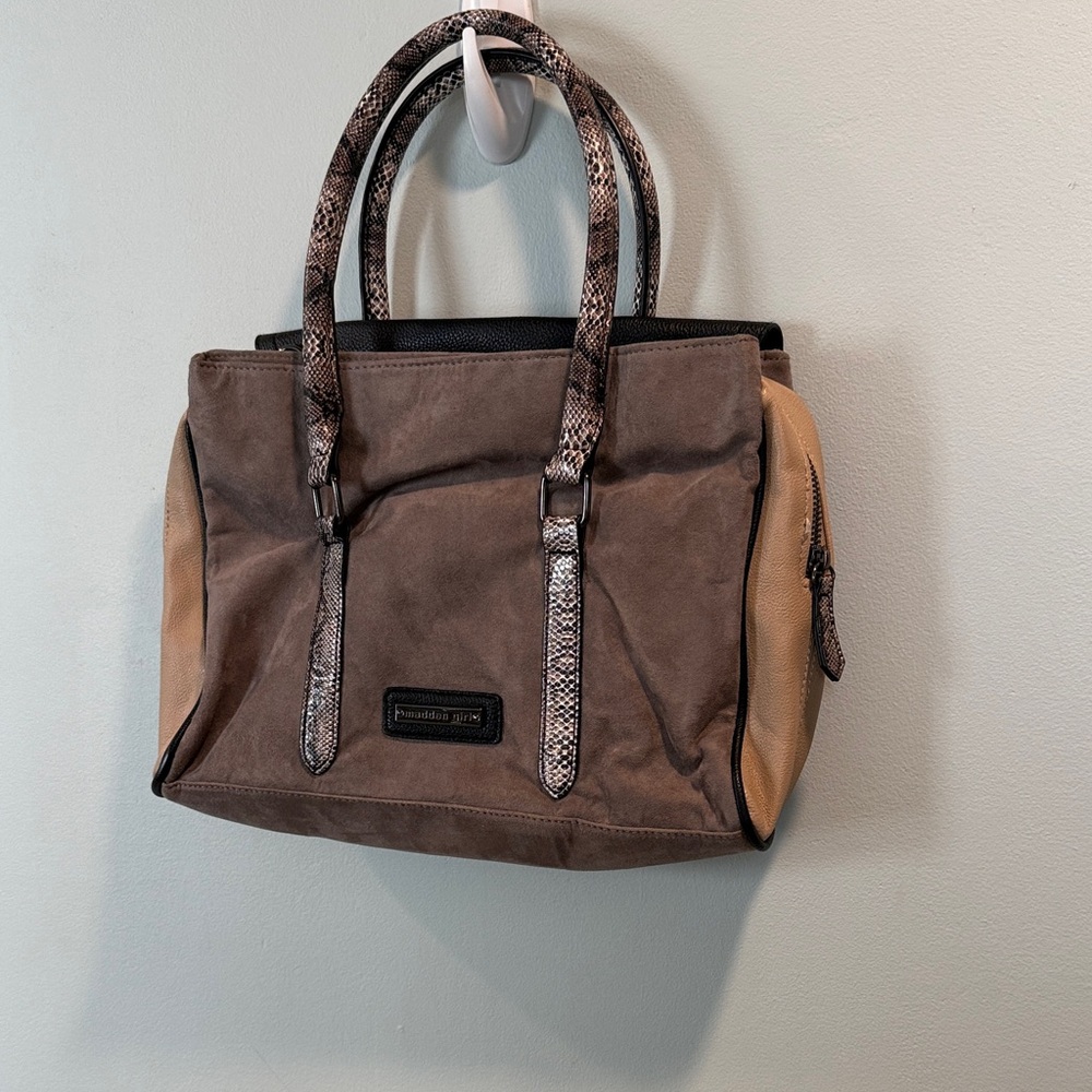 Madden Girl Taupe, Black & Tan Satchel with Snake-Print Handles
